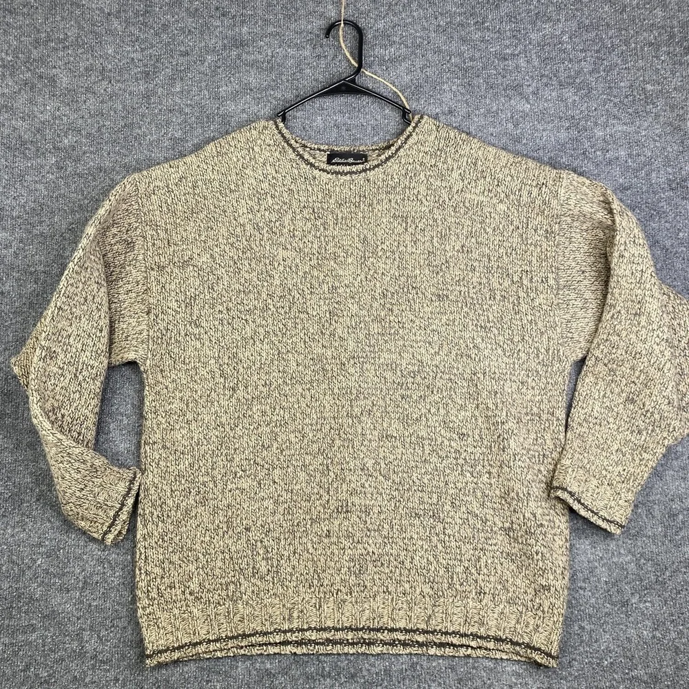 Vintage Eddie Bauer Sweater Mens Large Beige Gray Wool Crewneck Knit Pullover
